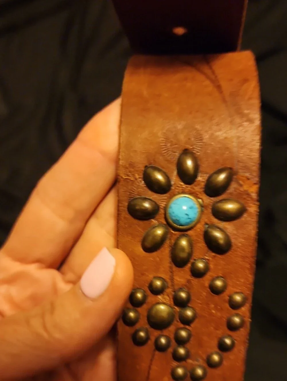 Women's Brown Leather Studded Belt with Turquoise Accents